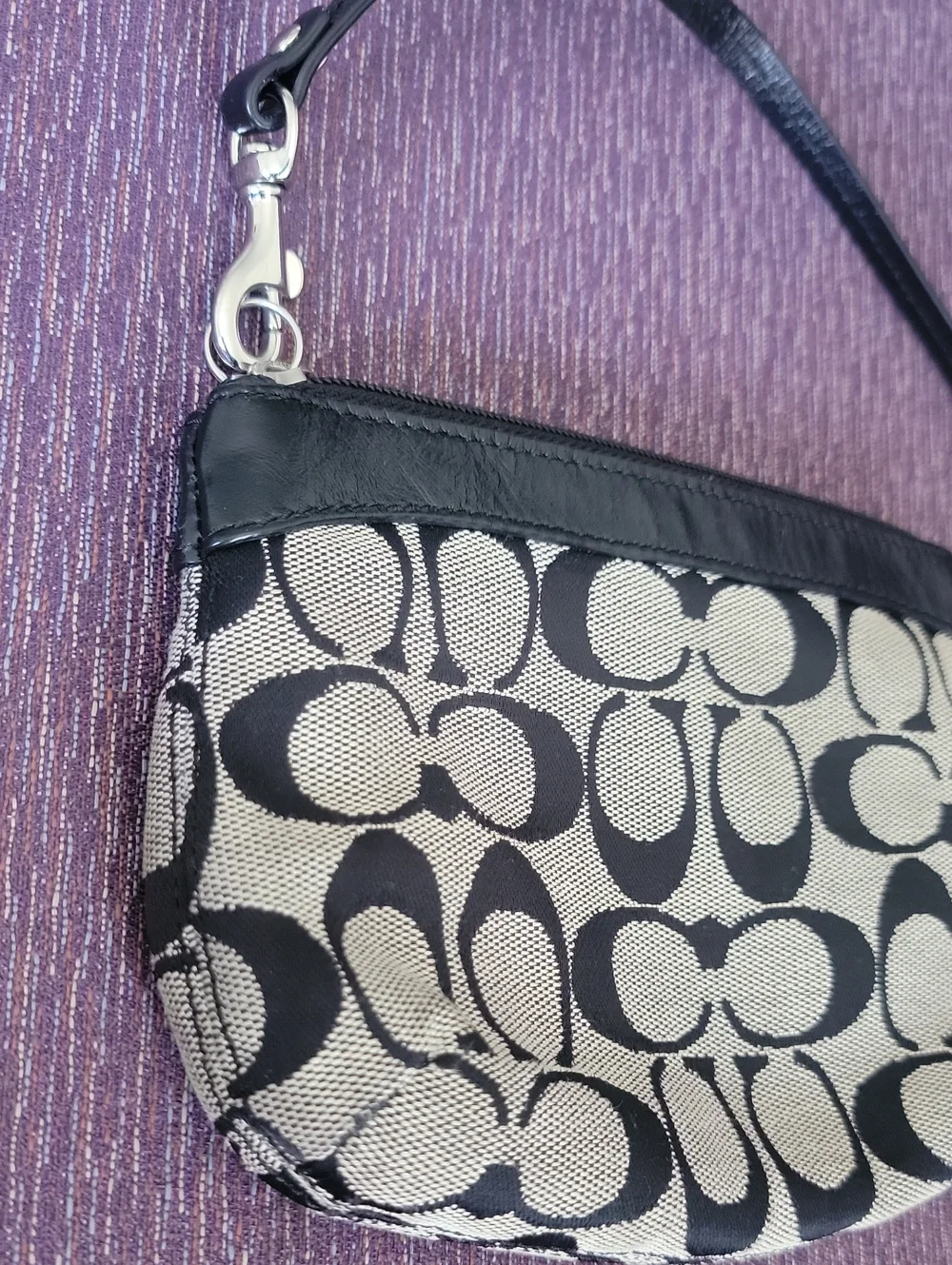 Coach Black & Gray Signature Canvas Wristlet with Leather Trim